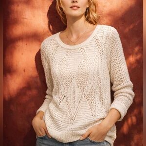 NIC+ZOE Open Knit Cotton Blend Pointelle Sweater | Cream | Size Petite XS